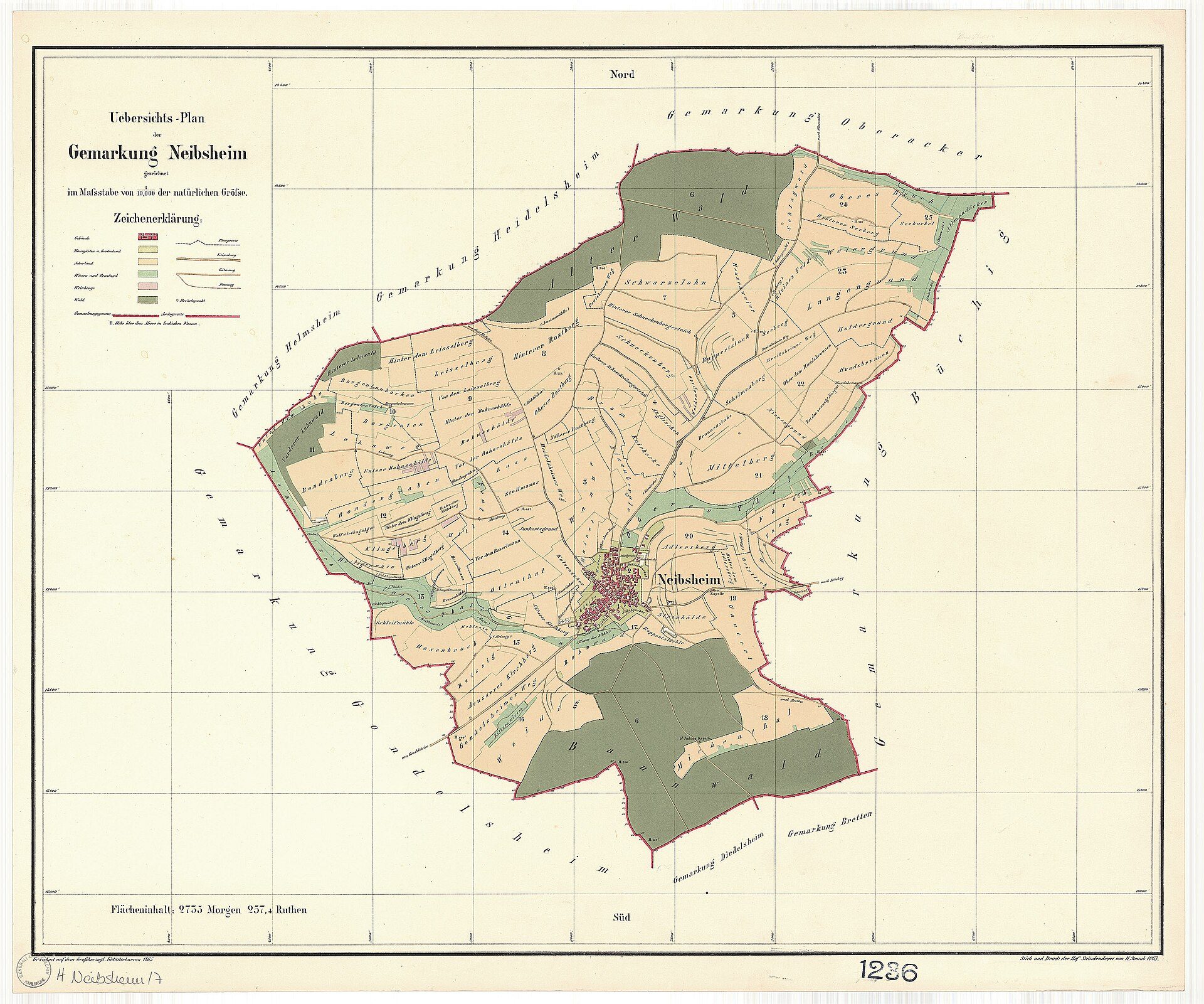 Farbiger Übersichtsplan der Gemarkung Neibsheim, 1865
