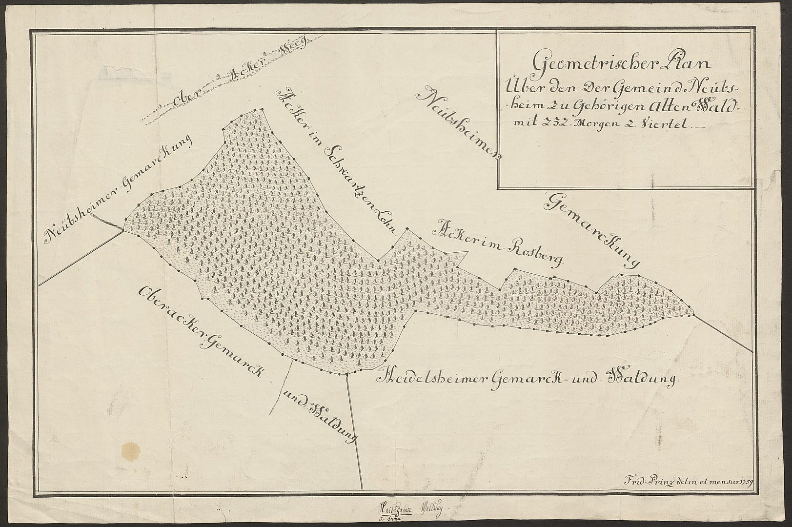 Handgezeichneter geometrischer Plan des Gemeindewalds von Neibsheim, 1759